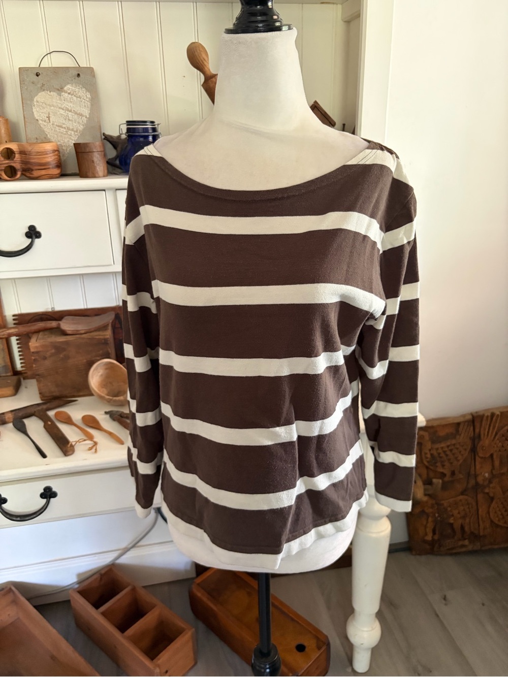 Margaret Howell Striped Brown and Off White Boatneck Top